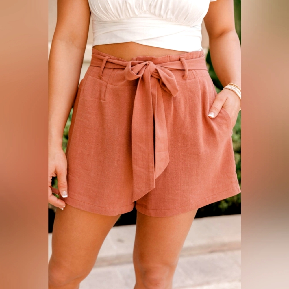 EUC Pink Lily Terracotta Paperbag Linen Shorts Size L